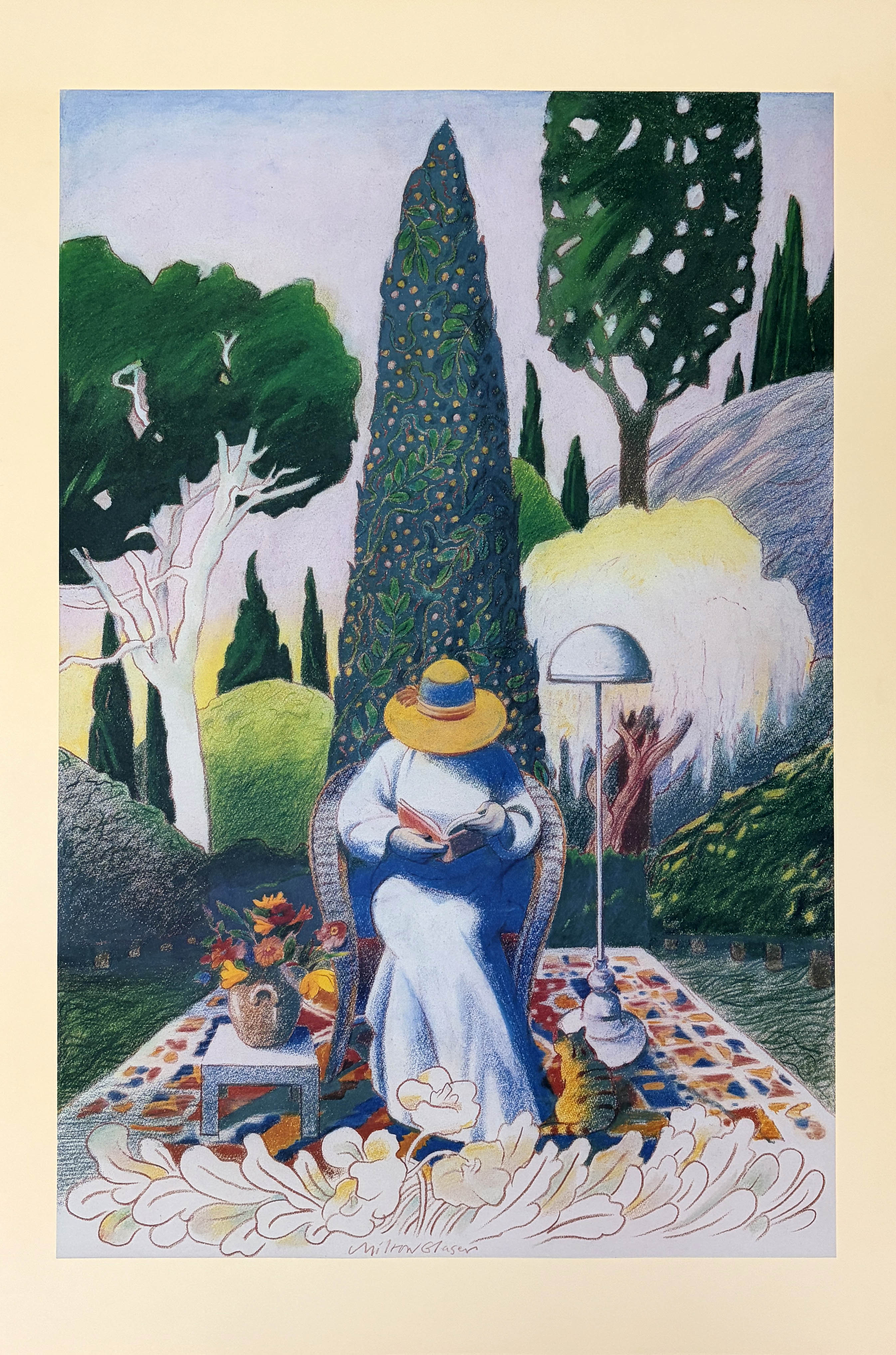 woman wearing a hat reading in a lush garden